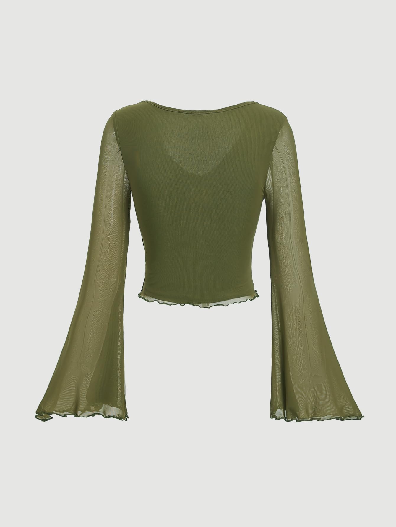 Verdusa Women's Y2k Bell Sleeve V Neck Mesh Going Out Crop Top 2000s Whimsical Clothes: Small Army Green