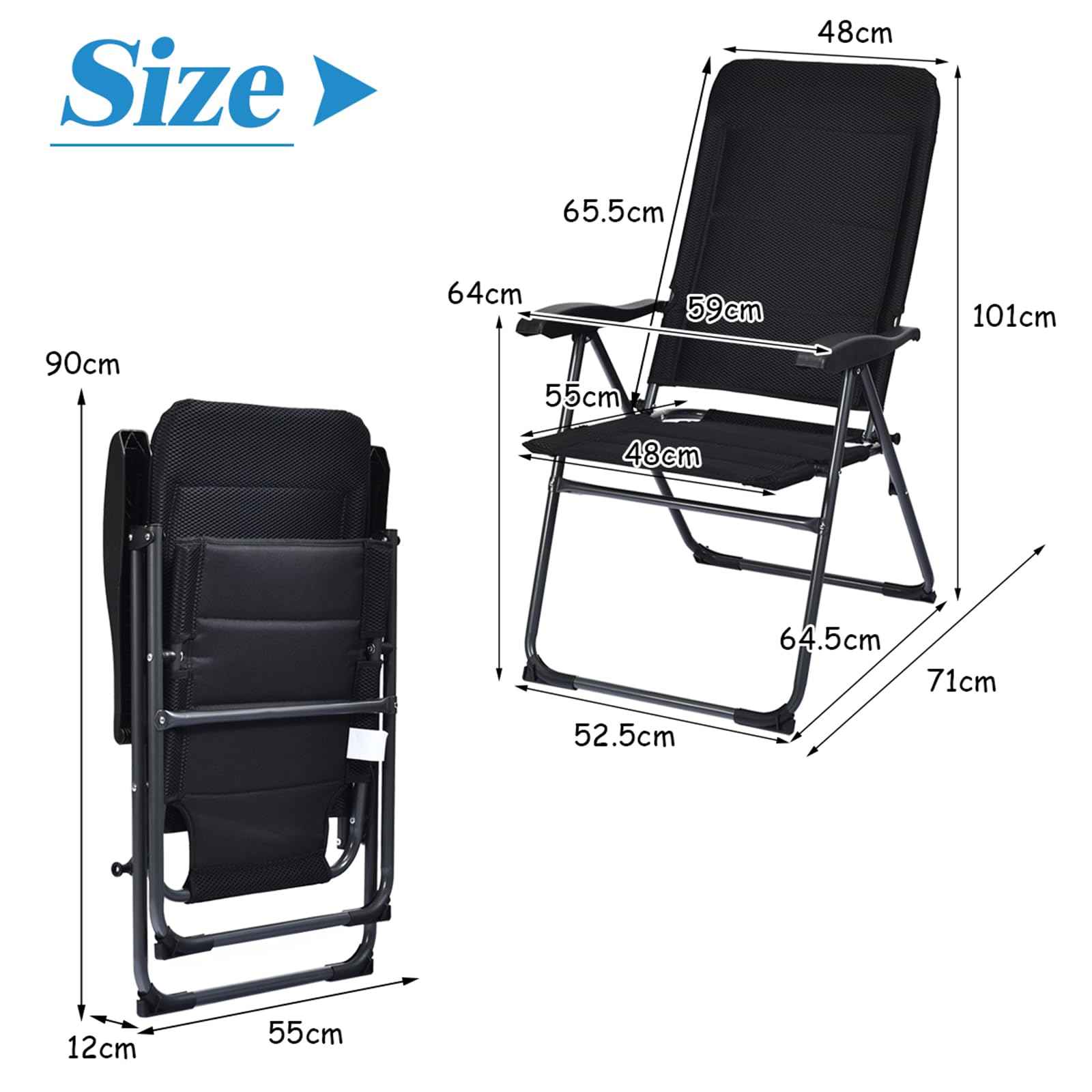 KOMFOTTEU Juego de 2 Sillas de Jardín Plegables, Sillas Acolchadas de Tela con Respaldo Reclinable de 7 Posiciones y Marco de Metal, Sillones de Camping para Piscina, Porche, Patio, Carga de 150 kg