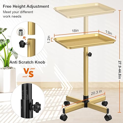 Vista 3 de Bandeja para salón de belleza, bandeja de aluminio de alta calidad, bandeja rodante de salón de oro champán, carrito utilitario de altura ajustable