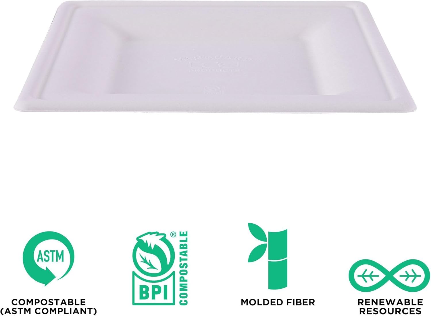 ECO PRODUCTS Compostable Vanguard 10" Square Paper Plates, Pack of 50, Disposable White Molded Fiber, Tree-Free, Stronger Than Paper & Styrofoam, No-Added PFAS, ASTM Compliant, BPI-Certified