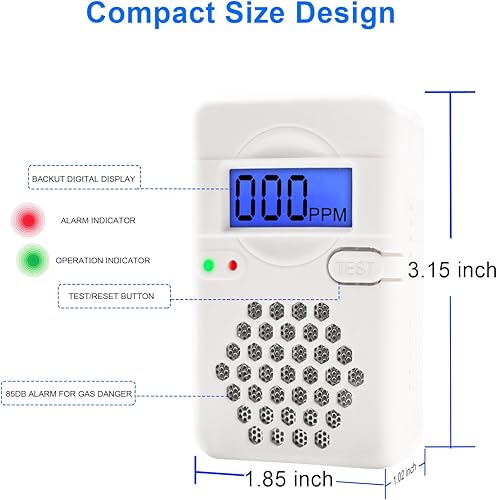 Miniatura 2 de Detectores de monóxido de carbono, funciona con pilas, mini detector de alarma de CO con pantalla digital y advertencia de sonido para el hogar,