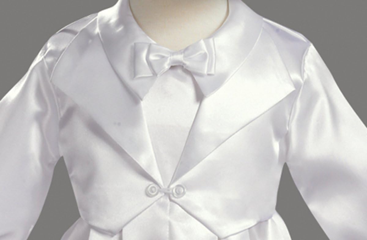 Long White Satin Christening Baptism Romper with Vest, Bowtie and Hat