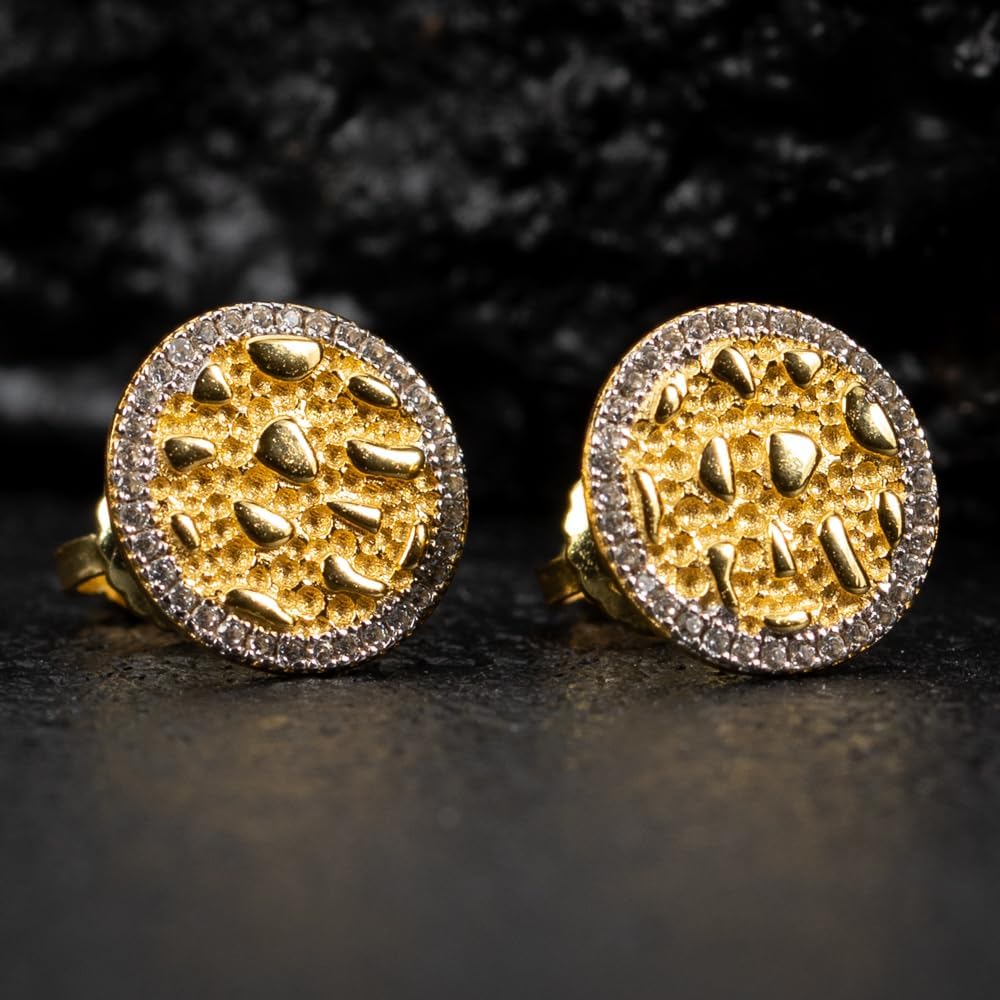 Round Unisex 14K Yellow Gold Plated 925 Sterling Silver Screw Back Post Circle Large 90's Hip Hop Ice Out 5A Cz Big Hypoallergenic Solid Gold Nugget Stud Cubic Zirconia Earrings For Men Women - Image 2
