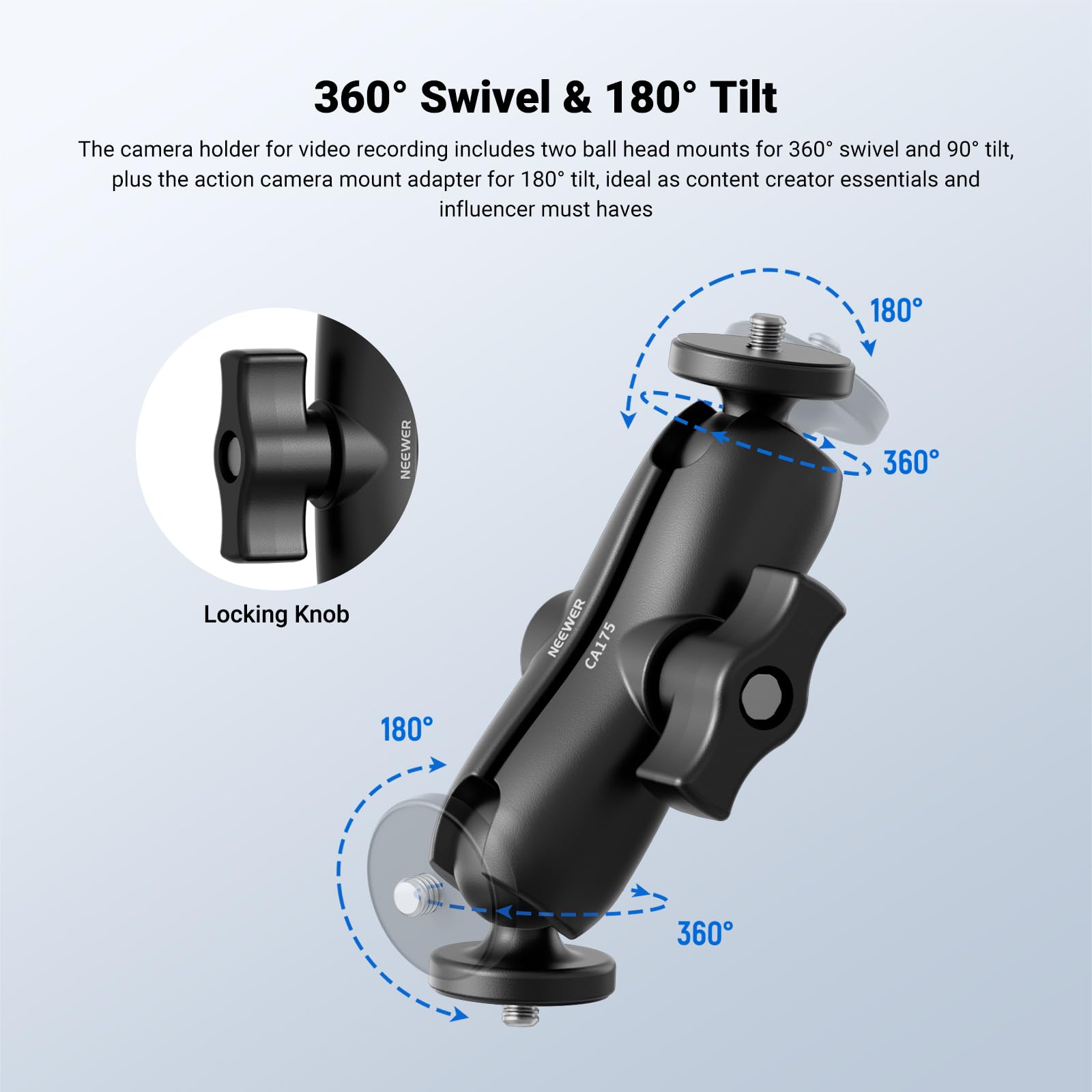 NEEWER Supporto a Morsetto per Manubrio Moto Bici Staffa Magnetica per Auto Kit Accessori Action Cam Compatibile con Insta360 X5 X4 X3 GoPro DJI AKASO, Teste Sfera a 360° per Riprese Video POV, CA175