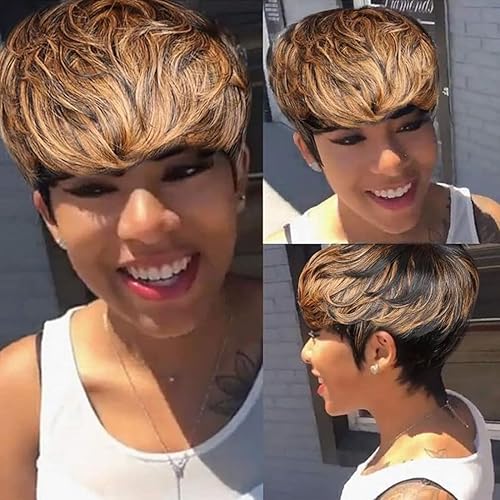 Highlight Ombre Short Pixie Cut Wigs for Black Women Human