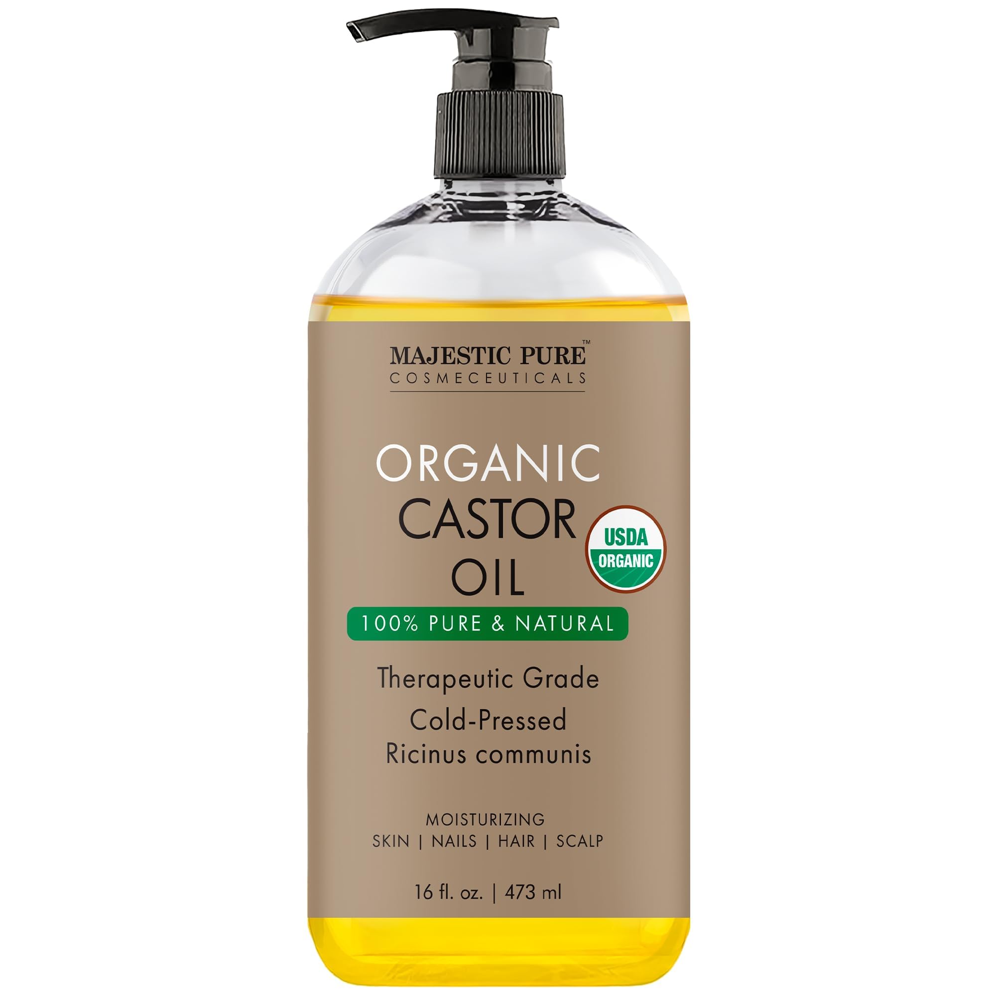 MAJESTIC PURE USDA Organic Castor Oil | Hexane Free & 100% Pure | Cold Pressed | Stimulate Growth for Hair, Eyelashes, Eyebrows, Nails | Moisturizing & Nourishing | Body, Hair & Carrier Oil | 16fl oz