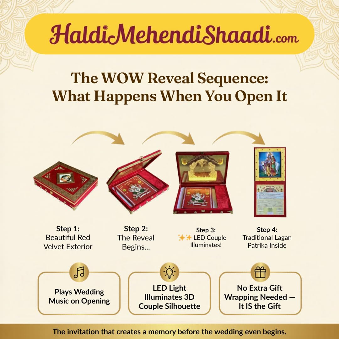 HALDI MEHENDI SHAADI Music & Light Red Velvet Wedding Invitation Box with Golden Frame, Ganesh Design, 38 x 27.5 cm, Traditional Marriage Lagan Patrika for Wedding Platter 4