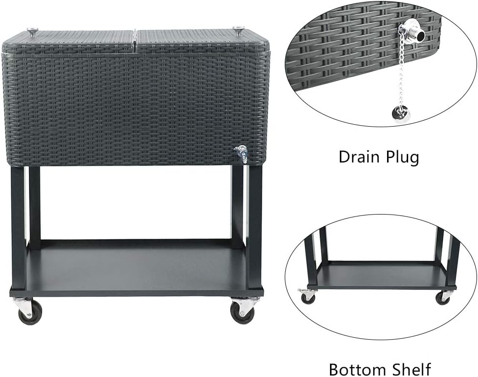 80 Quart Rolling Outdoor Patio Cooler Cart on Wheels, Wicker Pattern Portable Drink Beverage Bar for Patio Pool Party, Ice Chest with Shelf and Bottle Opener, Grey