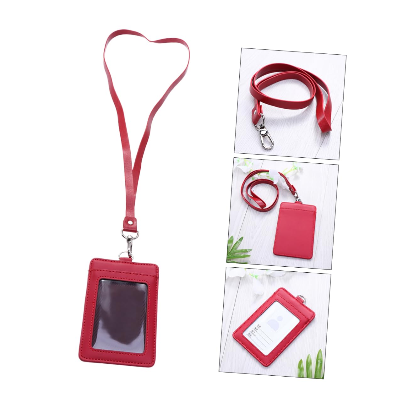 SHINEOFI Porta Badge Verticale in Pelle Da 3 Pezzi Con Clip Girevole Per Cordino Robusto Porta Badge Rosso Per Carte E