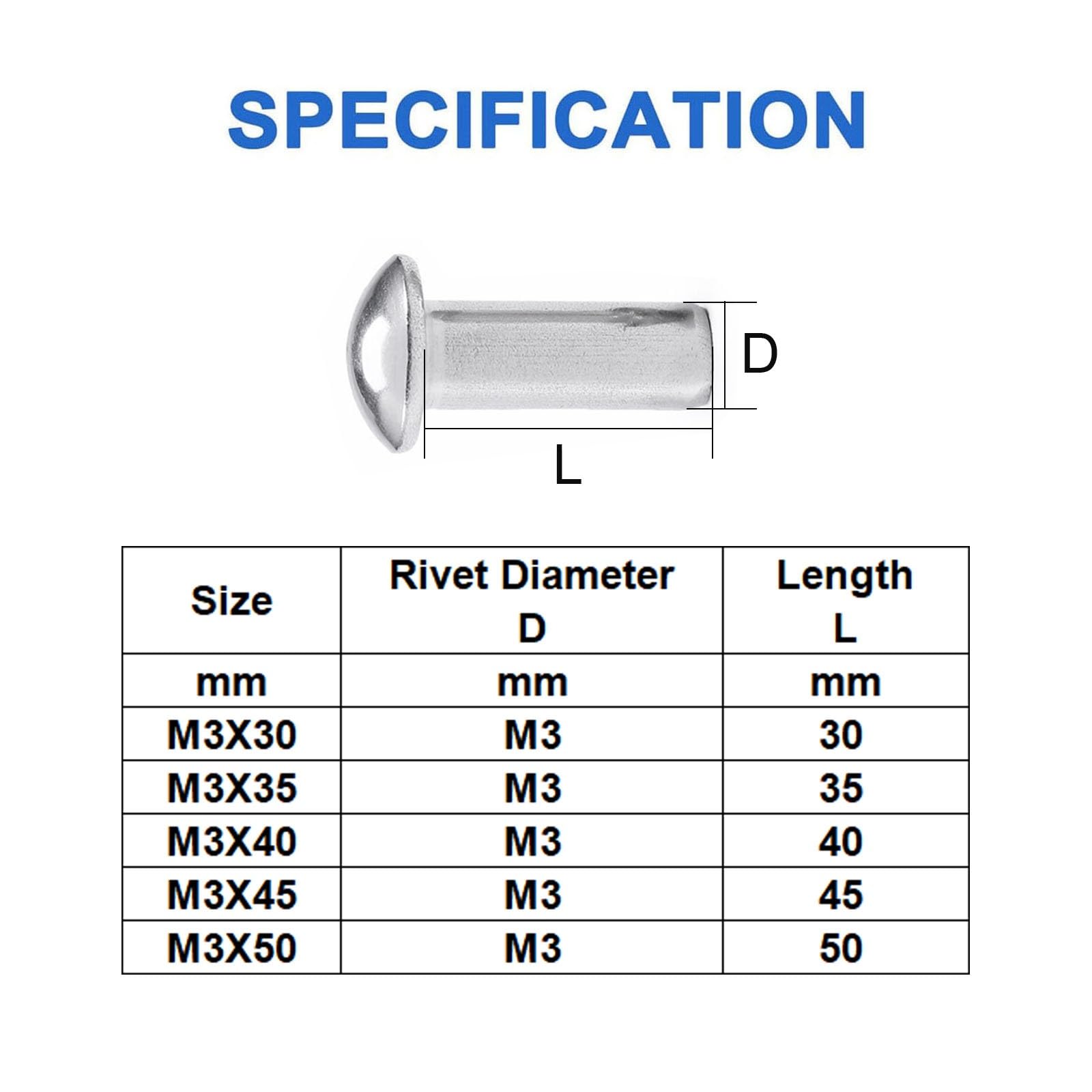 100 Pièces Rivets Massifs M3X45mm, Acier Inox Rivets Solides Tête Bombée