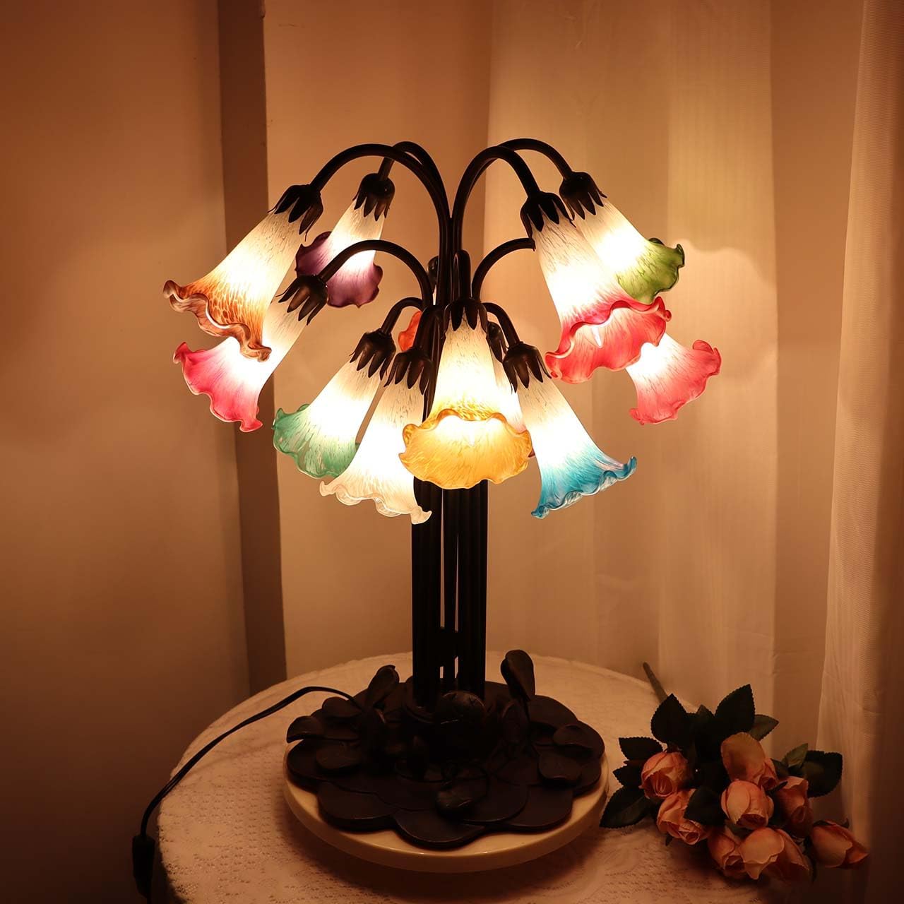 Bieye L10952 Lily Flower Blown Glass Accent Table Lamp for Living Room Bedroom Decoration Multicolor 12-Light