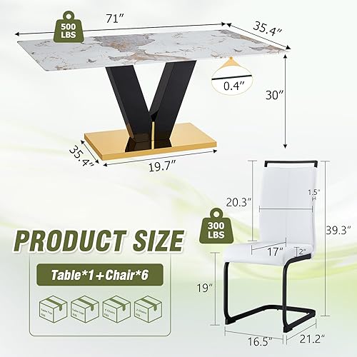 Miniatura 3 de Juego de mesa de comedor de 71 pulgadas para 6, moderno juego de mesa de comedor para 6, mesa de comedor de mármol con 6 sillas de comedor de piel