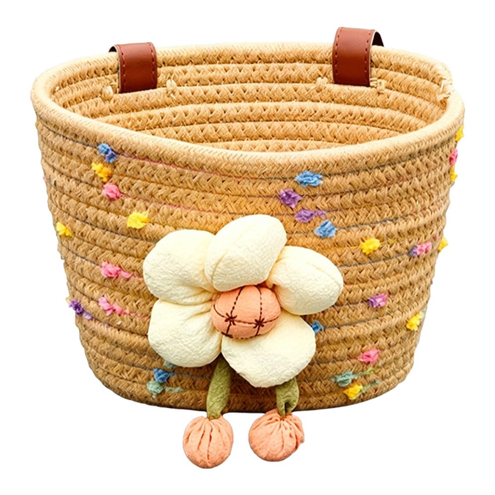 Children's Front Bicycle Basket, Small Bicycle Basket with 2 Leather Straps, Colourful Woven with Flower Decoration, Removable Balance Bike Basket for Most Bicycles, Scooters, Wheels (Khaki) — image 1
