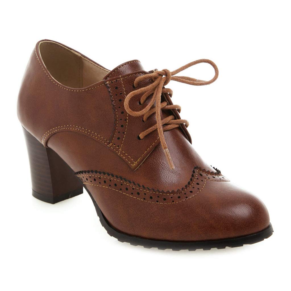 MIOKE Womens Lace Up Wingtip Pump Oxfords Brogues Perforated Chunky Block High Heel Vintage Dress Shoes