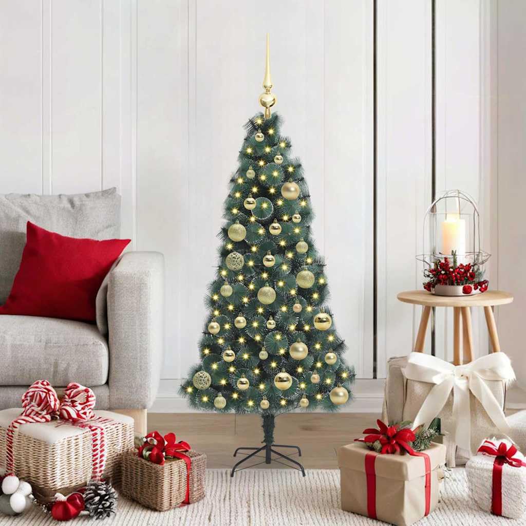 Árbol de Navidad artificial iluminado de 120 cm con juego de bolas, 150 luces LED de color blanco cálido, cono PET duradero para uso en interiores y exteriores, conexión USB fácil