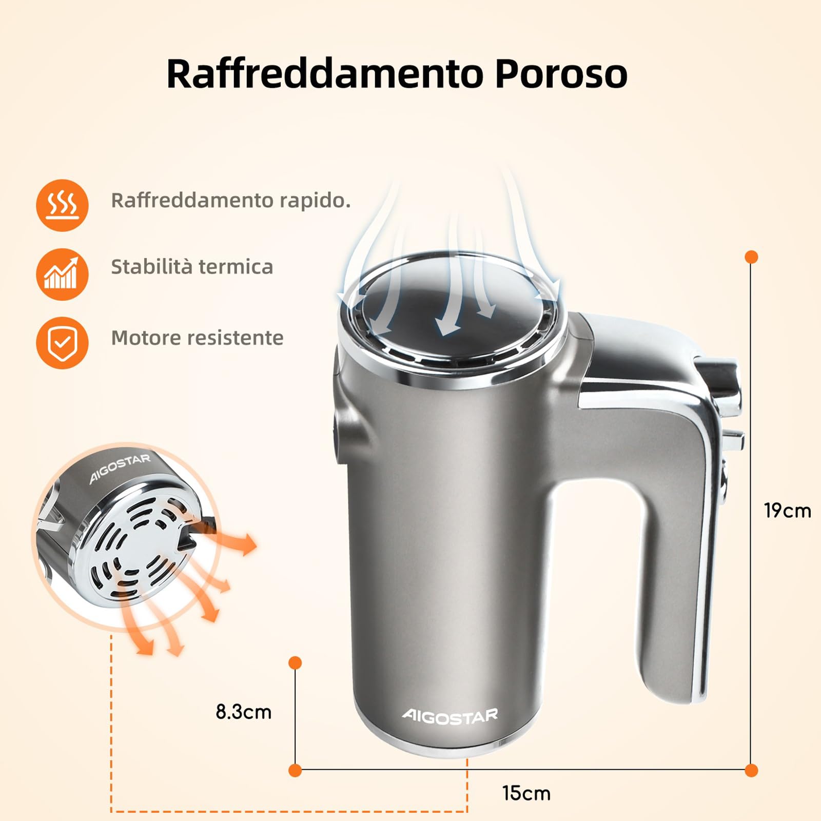 Aigostar Adela - Sbattitore Elettrico, Potenza di 400 W, 5 Velocità Regolabili e un Pulsante Turbo, una Staffa Portaoggetti, 2 Fruste e 2 Ganci. Color Argento