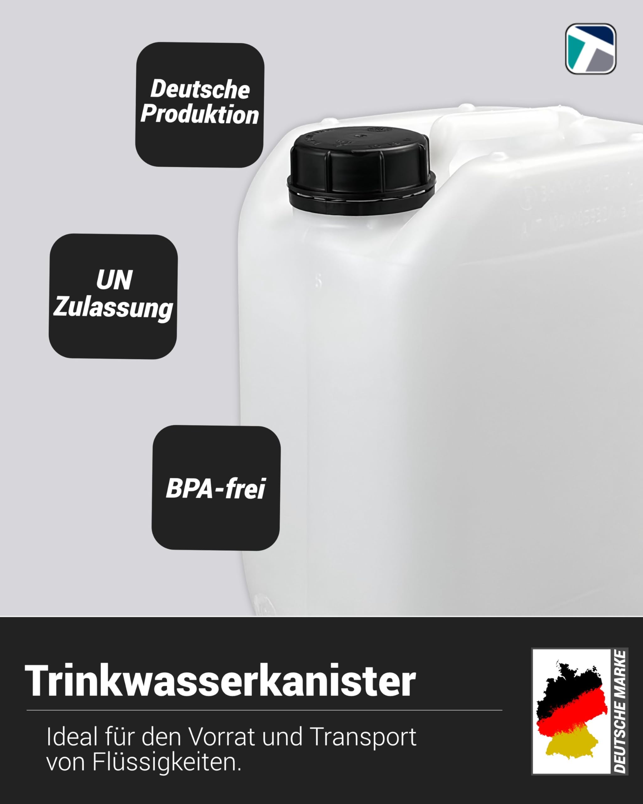 Trevendo Lot de 2 jerricans à eau de 5 litres - Convient à un usage alimentaire et sans BPA - Idéal pour l'approvisionnement en eau au camping - Avec robinet d'écoulement et bouchon à vis