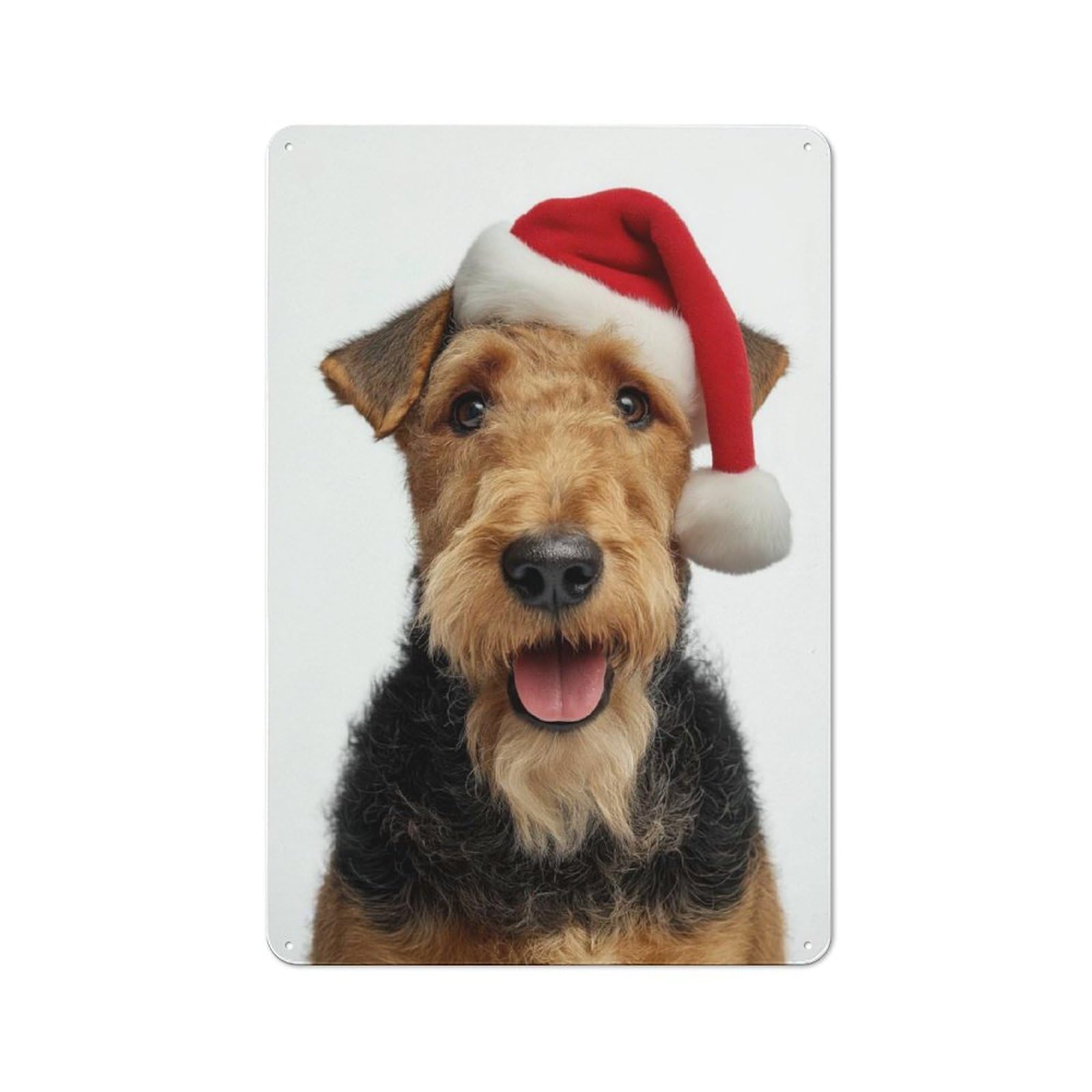 Junmoney Airedale Terrier Dog With Santa Hat Metal Wall Sign 30X20cm Featuring For Pub Or Café, For Kitchen, Dining Room And Home Bar Wall Decor