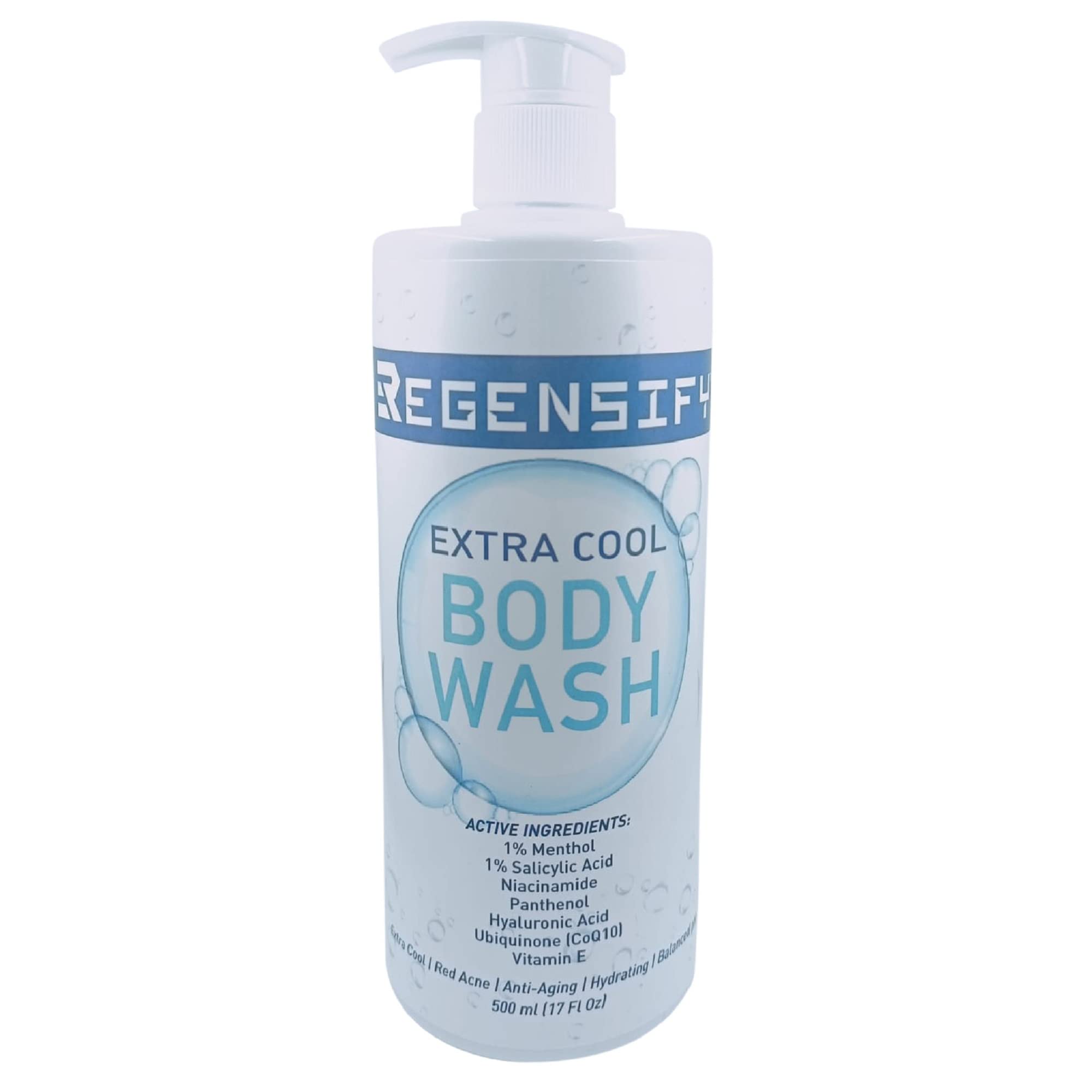 REGENSIFY Red Acne Extra Cool Body Wash 500 ml (17 Fl Oz) [1% Menthol, 1% Salicylic Acid, Niacinamide, Panthenol, Hyaluronic Acid, Coenzyme Q10, Vitamin E] - Anti Aging, Hydrating, Icy Shower Gel