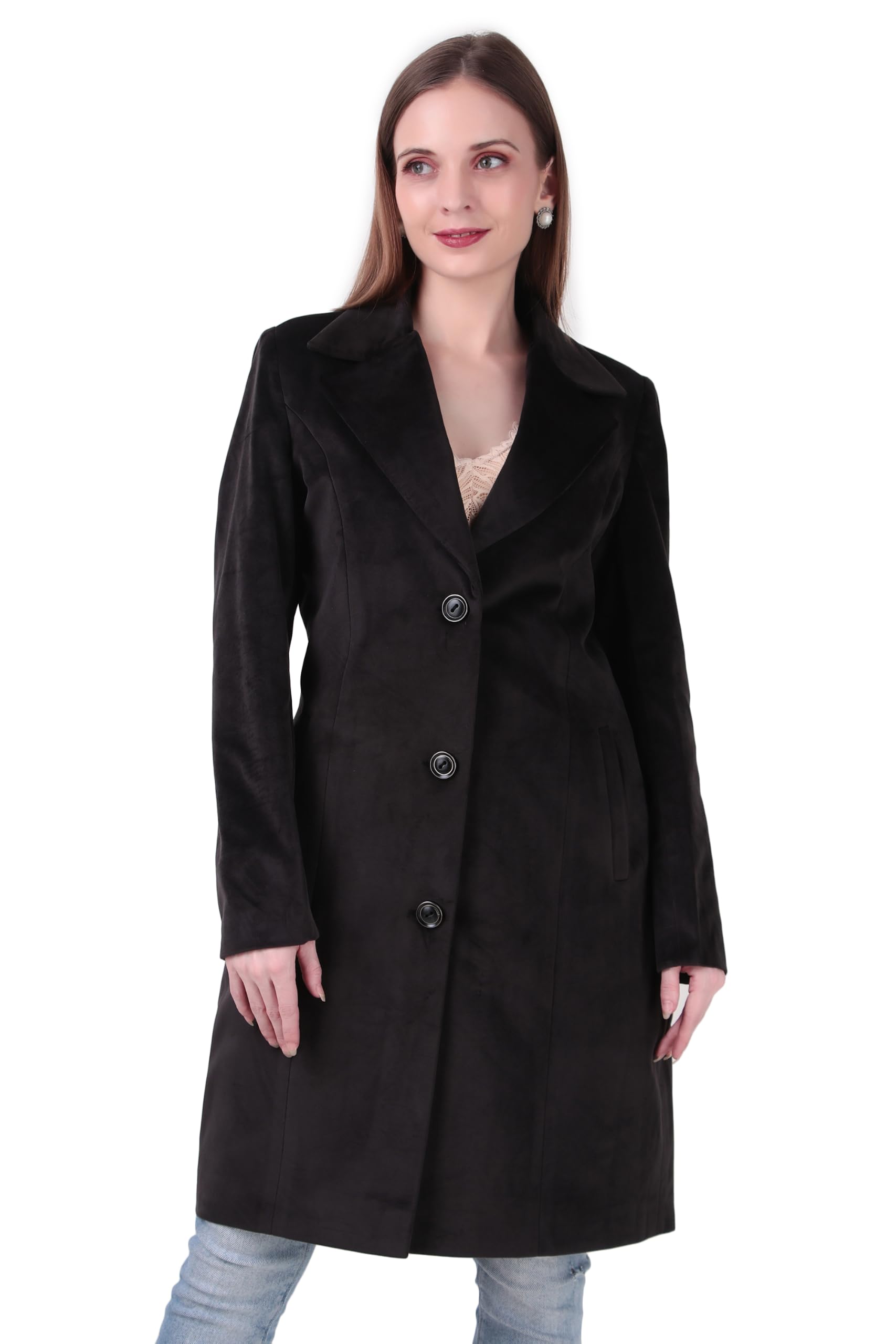 Women's Classic Lapel Pea Coat | Single-Breasted Mid-Length Winter Overcoat with Button Closure, Full Sleeves & Side Pockets | Regular Fit Stylish Outerwear | Classic Black-picture-45
