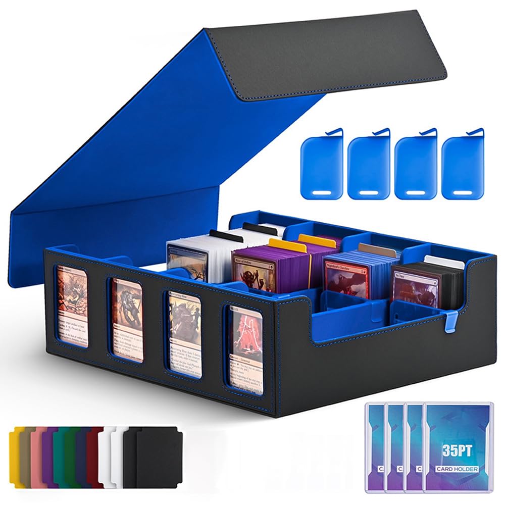 kefeimumu Trading Card Storage Box with Commander Display,Holds 2400+ Cards, 4-Row PU Deck Case with 12 Colorful Dividers & 4 Stoppers, Fit for MTG and Sport Cards (Black+Blue)