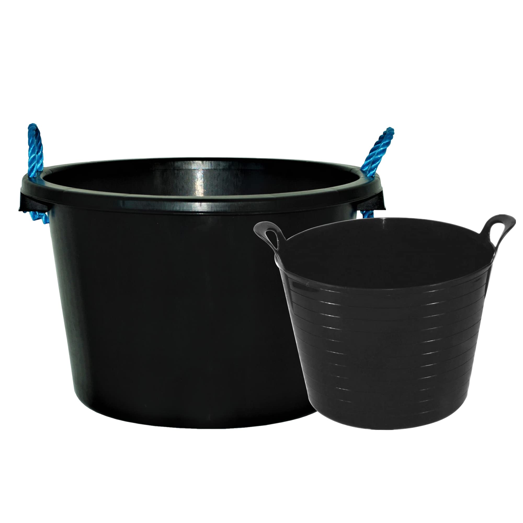 Set of 2- Large 42L Black Flexi Tub Garden Home Flexible Storage Container Bucket Polyethylene With 42L Black Heavy Duty Plaster Mixing Cement Muck Water Tub/Bucket With Rope Handles