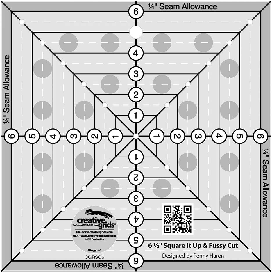 Creative Grids 6-1/2in Square It Up or Fussy Cut Square Quilting Ruler – CGRSQ6 – Made in USA, Non-Slip Grip Acrylic Quilting, Sewing, Crafting, Patchwork Ruler & Template