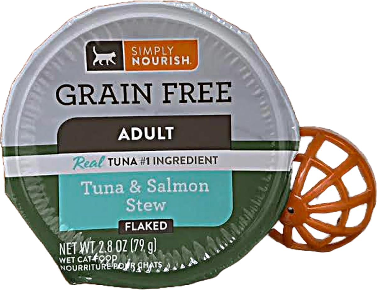 SIMPLY NOURISH Adult Cat Grain Free Stew Flaked. 6-2.8 OZ Cups. Plus Cat Toy Will Vary. (Tuna & Salmon Stew)