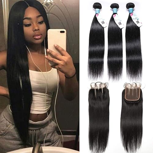 Panse Hair Peruvian Virgin Straight Hair 3 Bundles with Three Part Closure (14 16 18+12,) 10A 100% Unprocessed Peruvian Straight Human Hair Weft with Lace Closure Peruvian Straight Hair Weaving