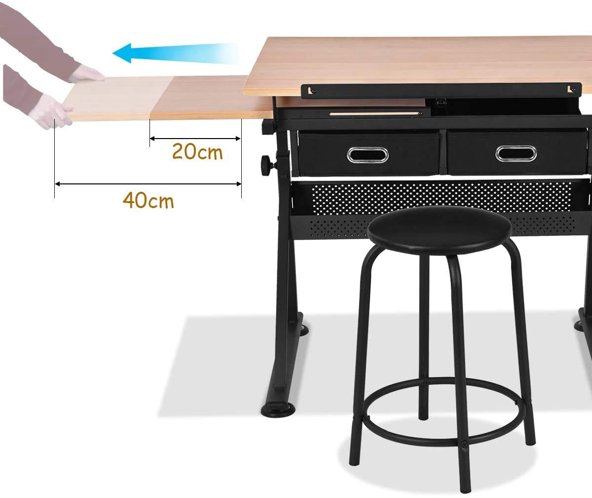 RELAX4LIFE Zeichentisch Höhenverstellbar Neigbar mit Schubladen & Hocker, 110 x 69,2 x 73,5-98 cm, Architektentisch mit Zwei Tischplatten, Professionaler Kunsttisch aus Holz