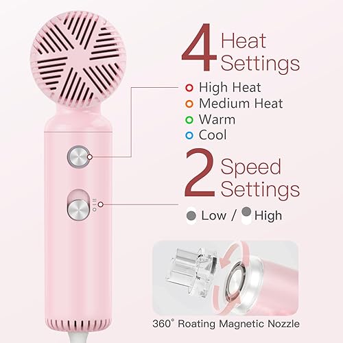 Miniatura 4 de Webeauty Mini secador de pelo con difusor, motor de alta velocidad de 110,000 RPM, protección de iones negativos de 656.2 ft, ajustes de 3