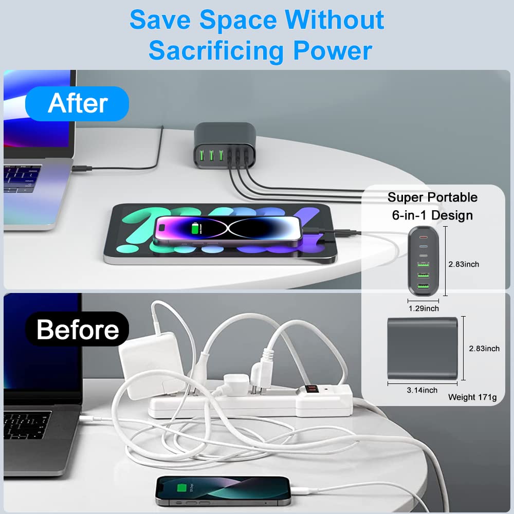 Amazon.com: 160W 6 埠GaN USB C 壁式充電器,便攜式快速充電站,適用於