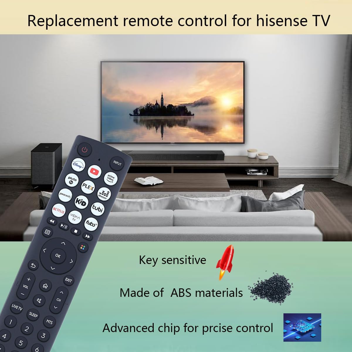 Image of the GHUST ERF2B36H remote control with a Hisense Smart TV in the background, highlighting key sensitivity and precise control.