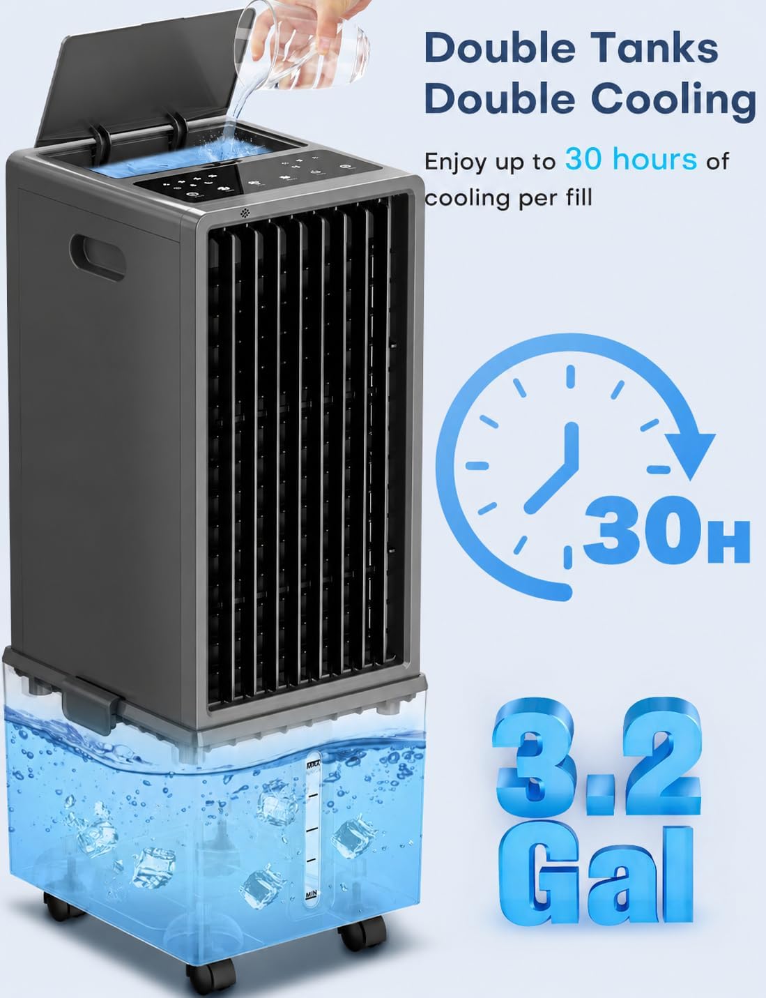 4-IN-1 Windowless Air Conditioner Portable w/ 4 Speeds & 4 Modes, 3.2-Gal Dual Tank for 30H Cooling, Waterless Alert System, 12H Timer, Remote & Touch, Swamp Cooler Air Conditioner for Bedroom