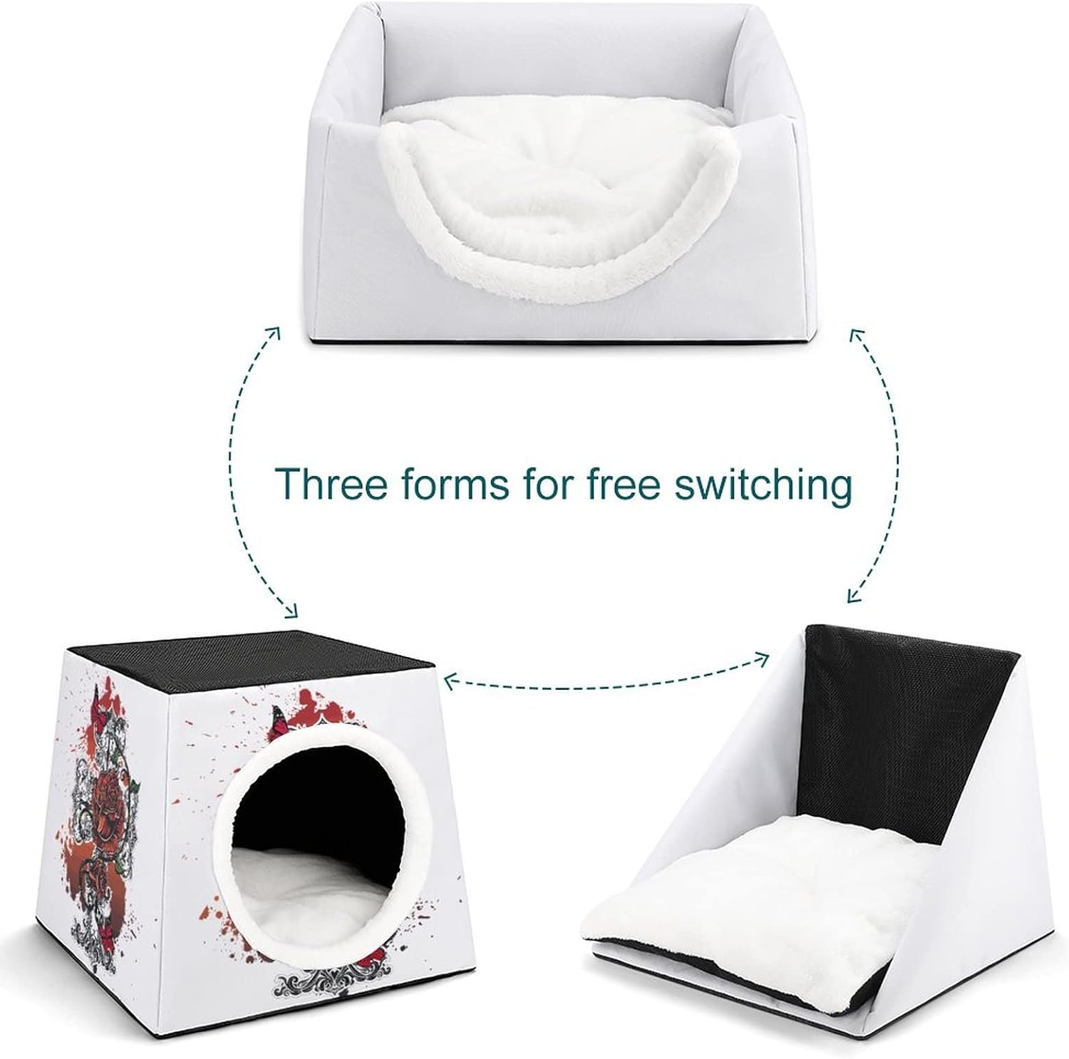 Three-Purpose Cat House Cat Bed Cat Sofa Printed Cat Cube Indoor Outdoor Kitty Shelter Cross Rose Red