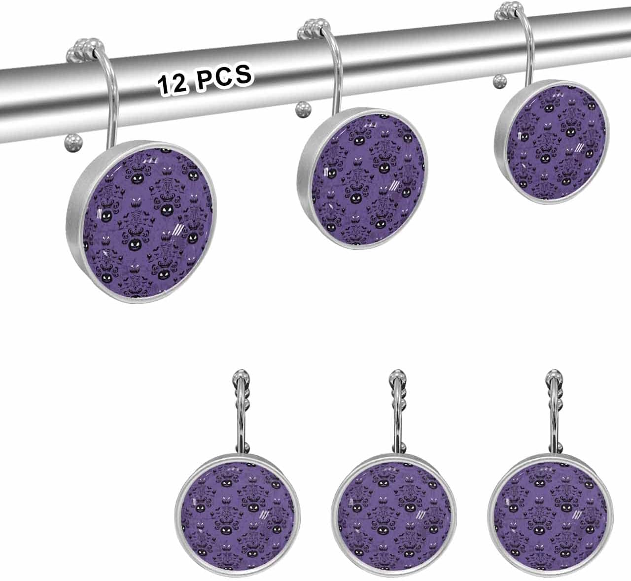 Shower Curtain Hooks,Stainless Steel Shower Curtain Rings with Halloween Haunted Grimace Pumpkin Bat Purple Crystal Glass Design Rust-Resistant Decorative Shower Curtain Hooks for Bathroom 12PCS