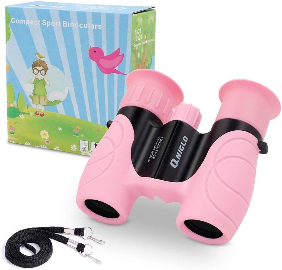 QNIGLO Shock Proof Kids Binoculars, Toys for 3-12 Year Old Girls Boys, 10x22 High Resolution Binoculars for Kids, Best Gifts for Girls Boys(Pink)