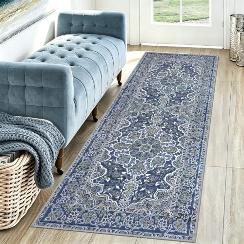 KUTA Runners for Hallways 2x6 Blue Beige Vintage Washable Kitchen Rug