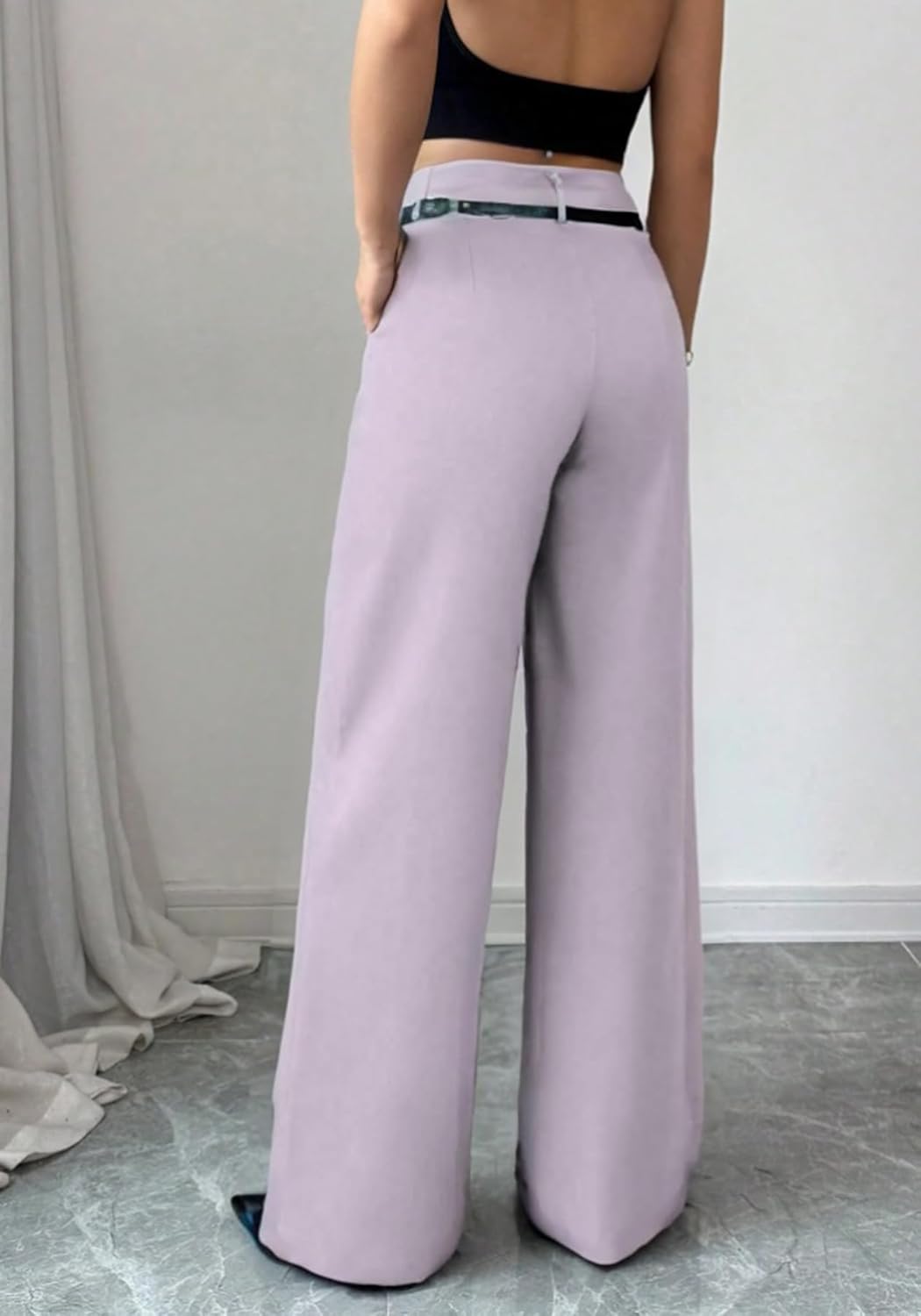 LETSVDO Women's Straight Leg Dress Pants High Waisted Belted Pleated Wide Leg Slacks Trousers(for Work,Business,Office) - Image 3