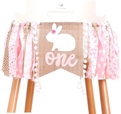 Miniatura 3 de Cartel rosa de feliz cumpleaños  Cartel de primer cumpleaños para silla alta, accesorios de fotos con temática de conejo, los mejores suministros de