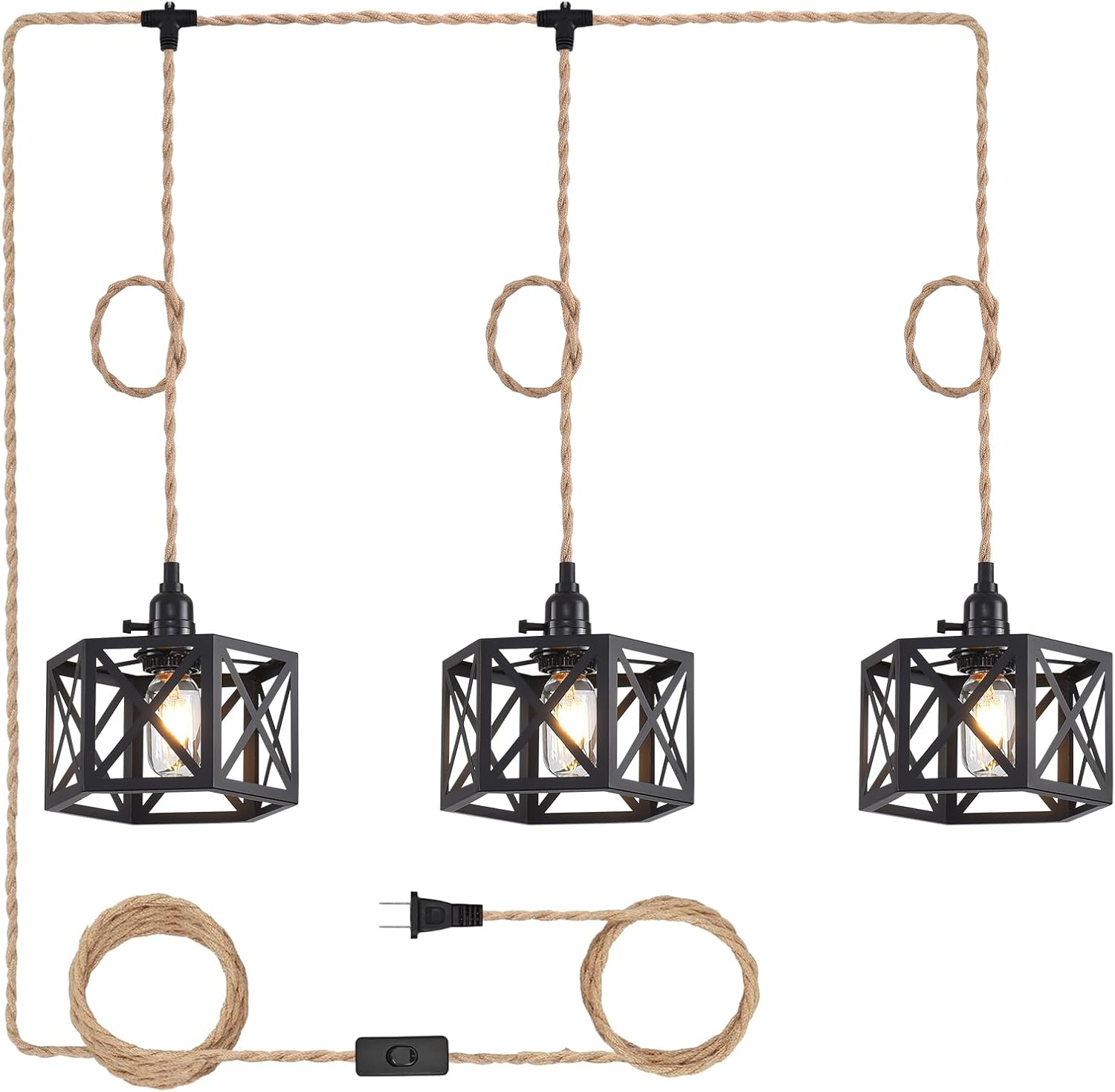 3 Light Plug in Pendant Light Rattan Hanging Lights with Switch 22FT Industrial Ceiling Light,Plug in Cord with Woven Hemp Rope Lamp Shade, Hanging Lamp Cord Farmhouse Cable DIY