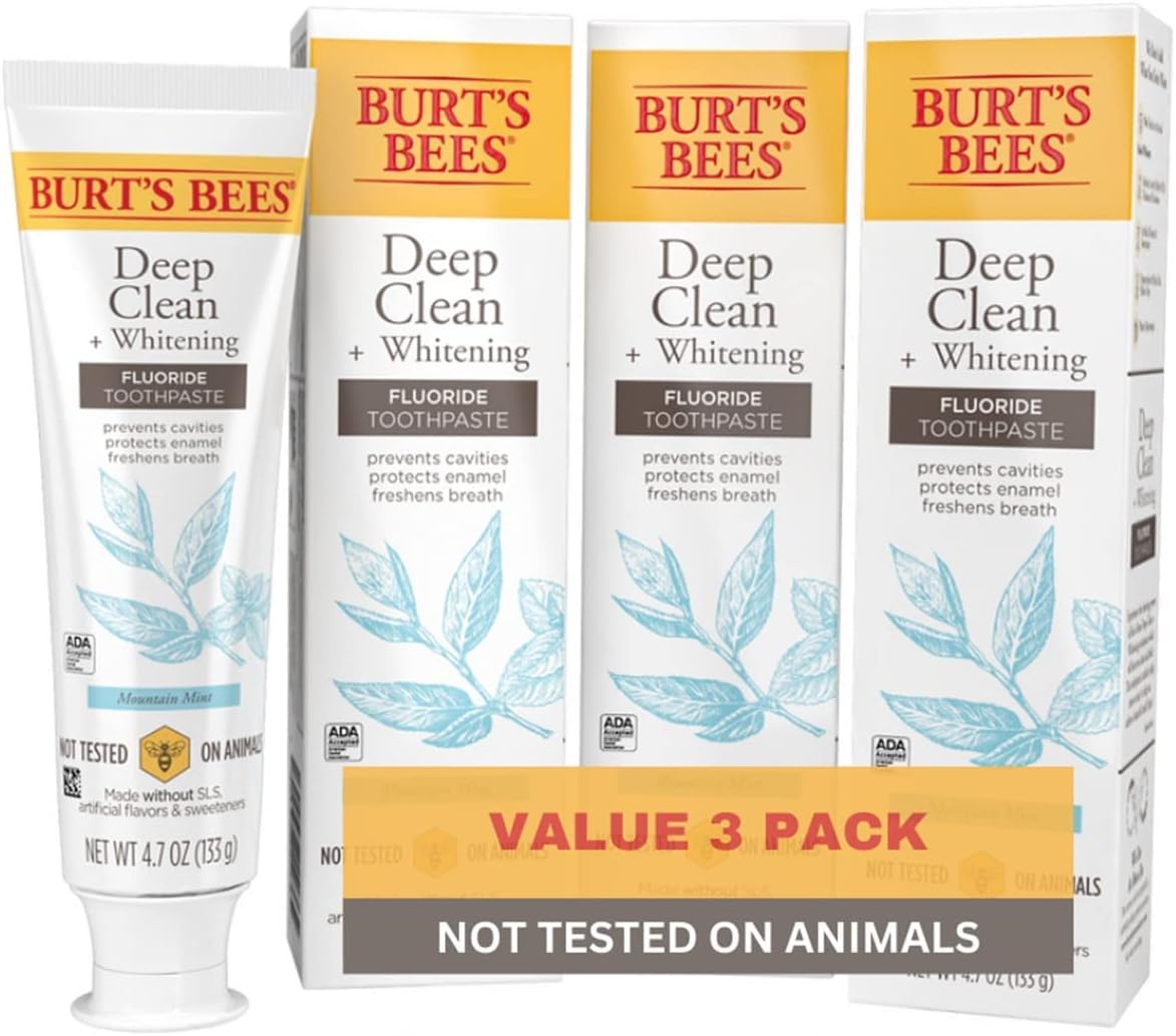 Burt's Bees Toothpaste, Natural Flavour, Fluoride Toothpaste Deep Clean + Whitening, Mountain Mint, 139ml
