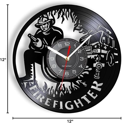 Miniatura 10 de Reloj de pared de disco de vinilo de bomberos de 12 pulgadas, diseño moderno, decorativo, lucha contra incendios, silencioso, sin tictac, funciona