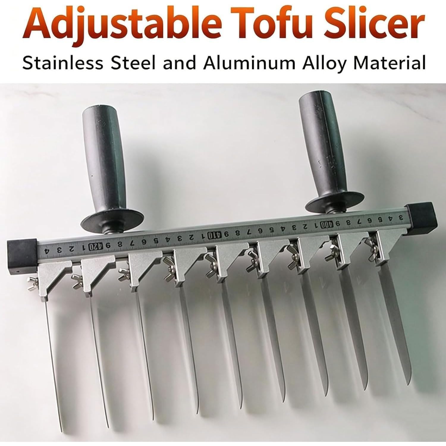 Verstellbarer Tofu-Schneider, 9-Klingen-Edelstahl-Tofu-Schneider mit Linealskala, 29,6 cm Schnittbreite, 2,8–3,7 cm verstellbarer Abstand, für Zuhause, Küche und gewerbliche Nutzung