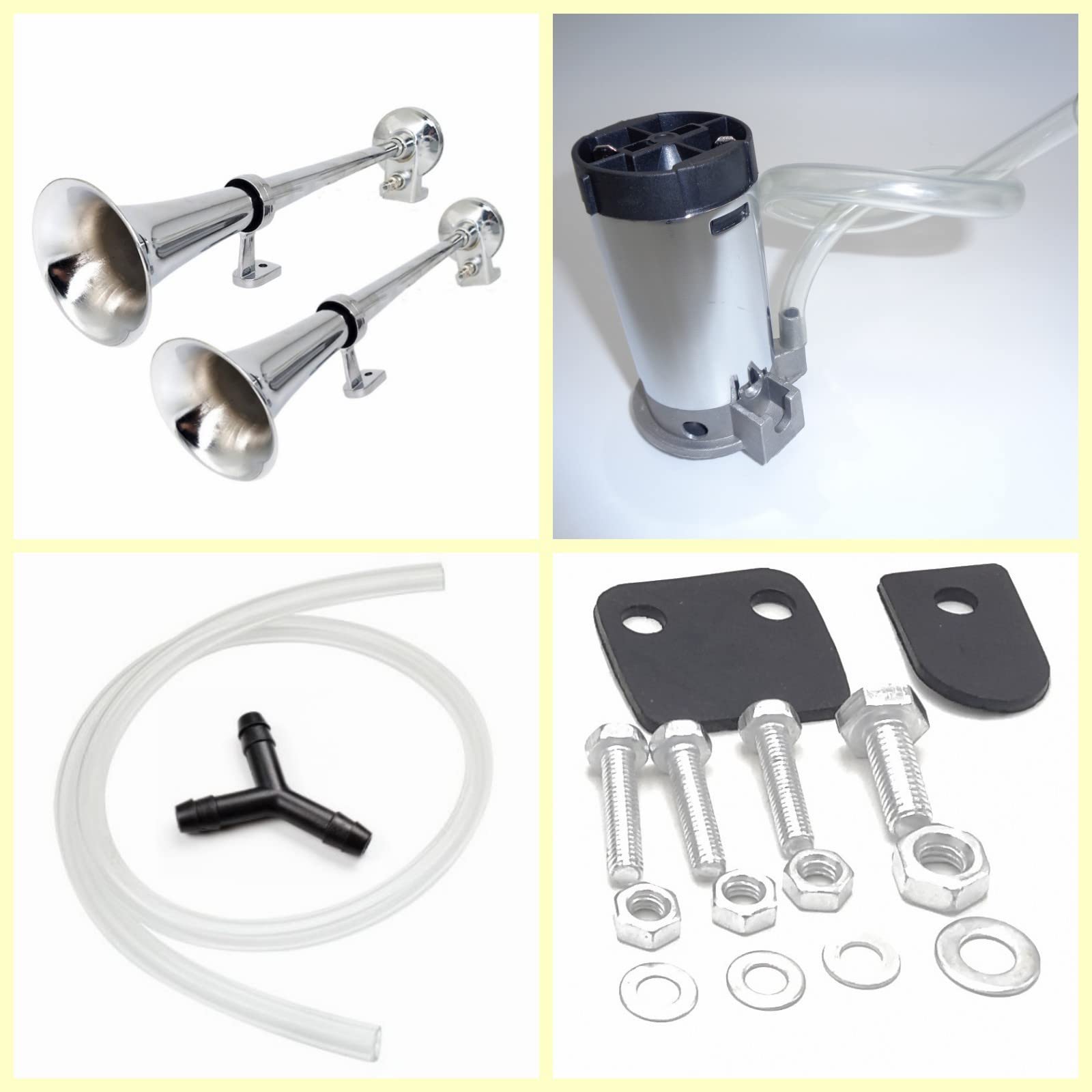 Klaxon de voiture Klaxon d'air de voiture Trumpet 165db Chrome Zinc Bateau Horn argent 12V Haute et basse Tone Trompette de camion deux tubes Car Horn Pour 12V Truck Yacht etc