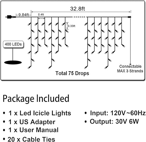 Miniatura 4 de TuoPuLife Luces LED de carámbano para exteriores, 32.8 pies, 400 luces LED de Navidad con temporizador, impermeables, conectables, cortina de