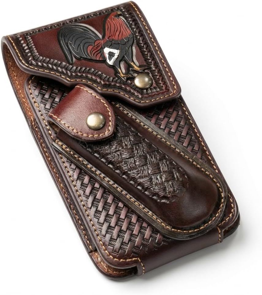 Western Phone Holster with Knife Pouch, Engraved Rooster Basketweave Belt Clip Case for Men (Coffee)