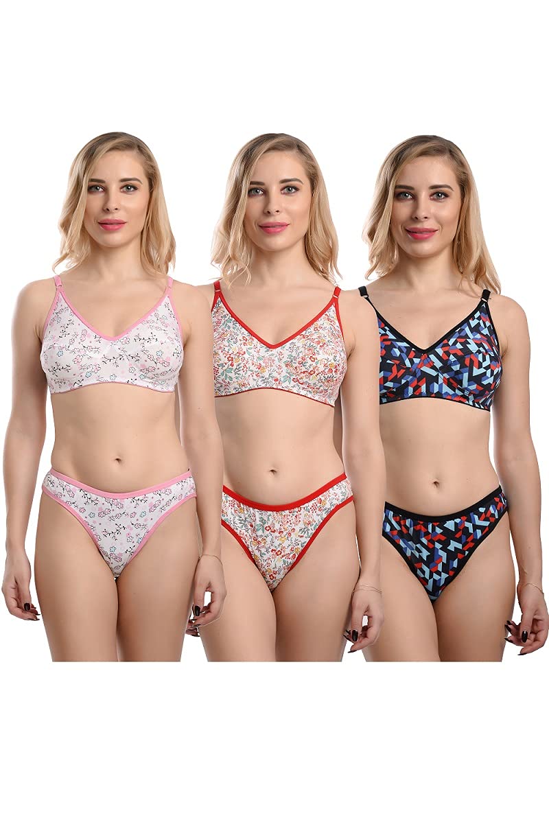 Women's Printed Bra and Panty Set, 3 Pairs, Floral and Geometric Patterns, Pink Red Black-image-4