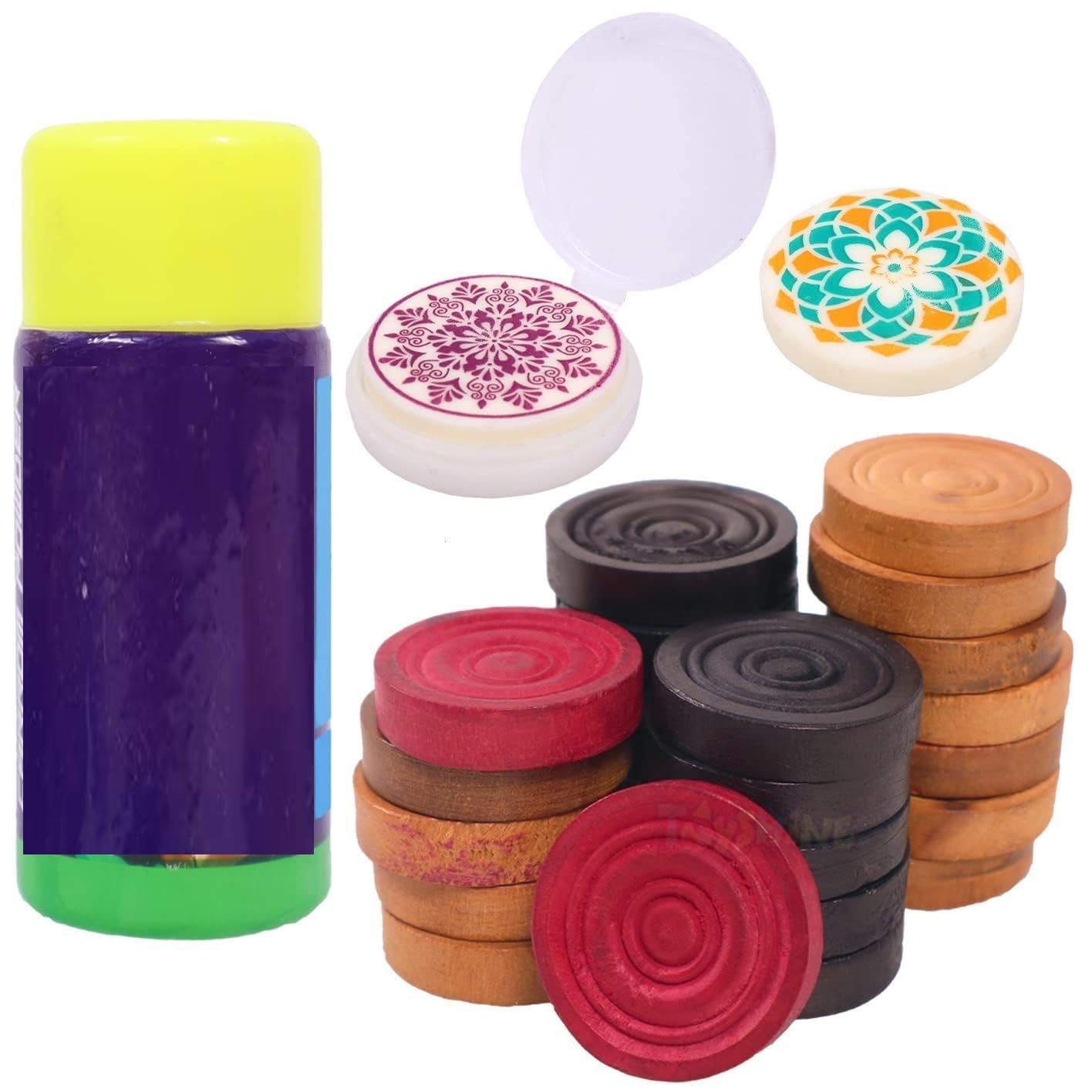 Toyshine Carrom Playing Coins and Powder - 24 Wooden Coins 2 Striker 1 Carrom Powder