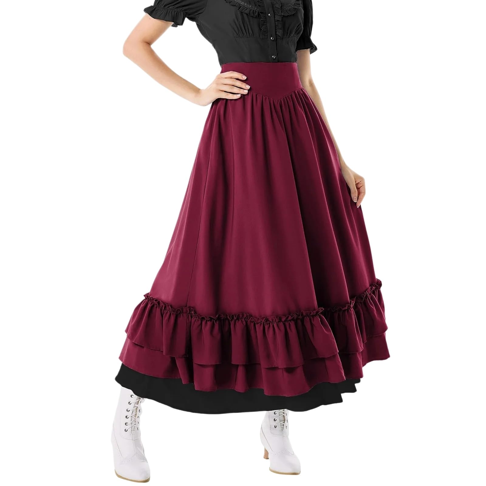 Minigonna Elegante Donna Vintage Maxi Gonna Alta Vita A-Linea Che Fluisce Lunga Ruffle Hem Rinascimento Festival Outfit Chic Look-Blue-l